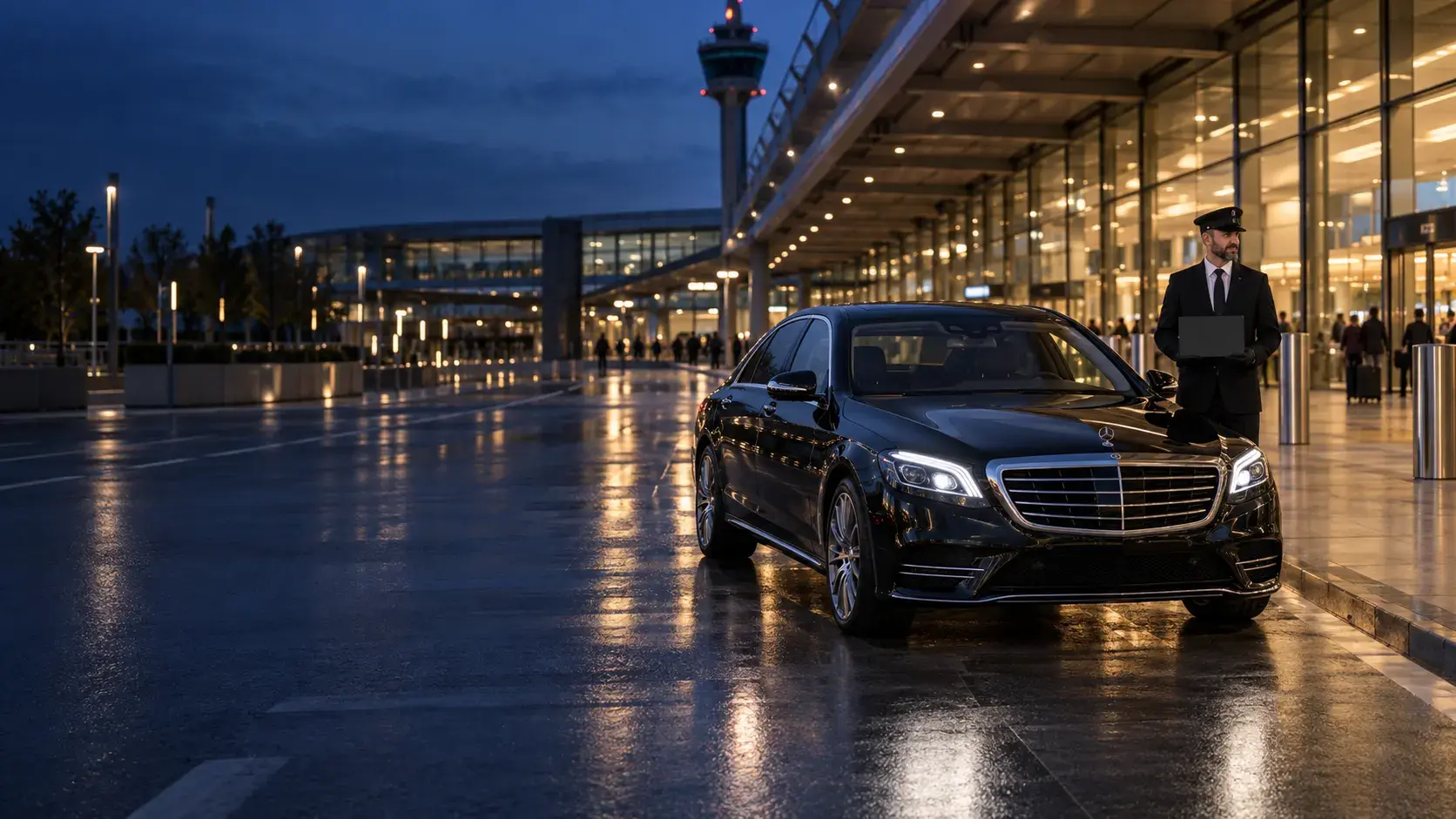 A driver beside an executive car outside an airport terminal