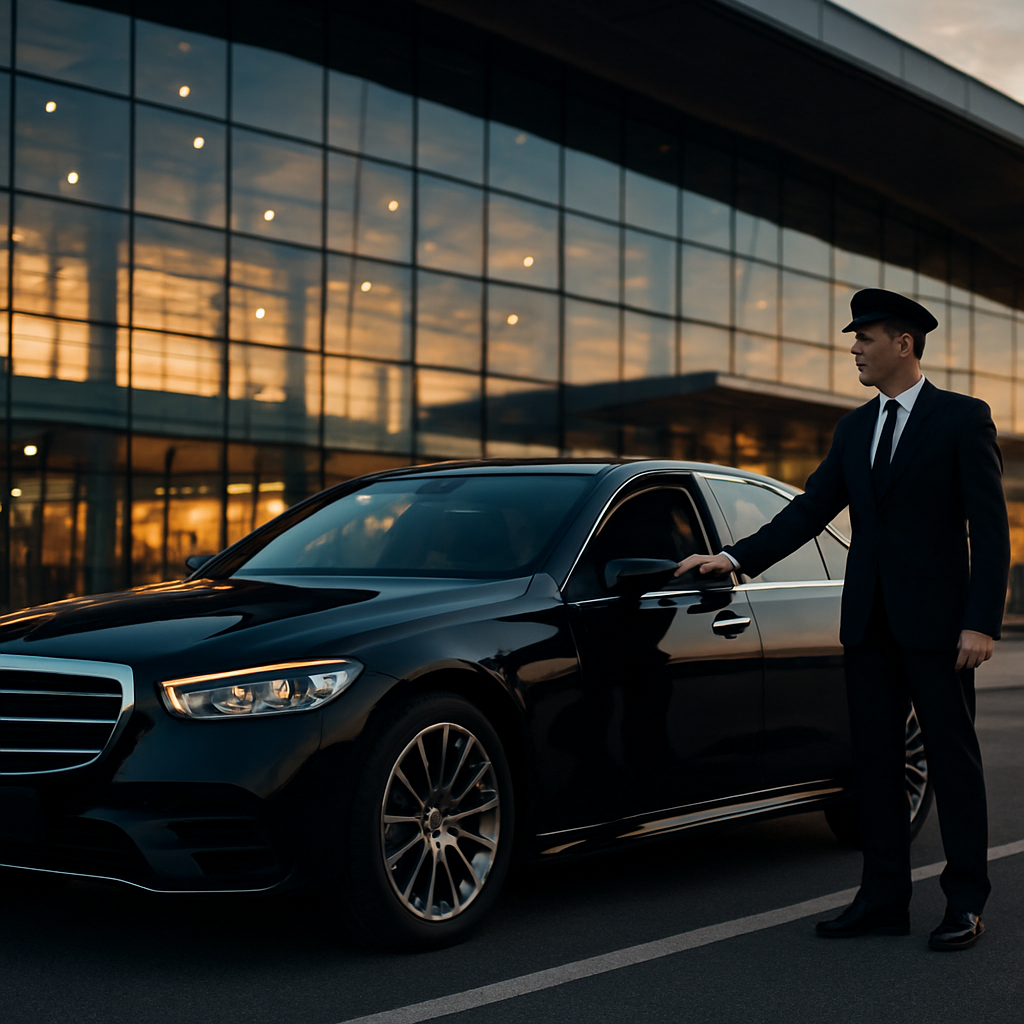 Chauffeur standing beside a premium sedan outside an airport terminal at dusk